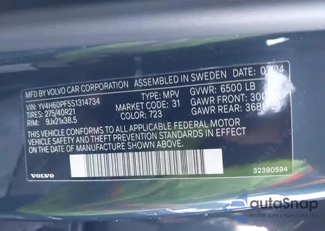 2025 Volvo Xc90 Plug-In Hybrid T8 Ultra 7-Seater from USA, damaged, VIN YV4H60PF5S1314734